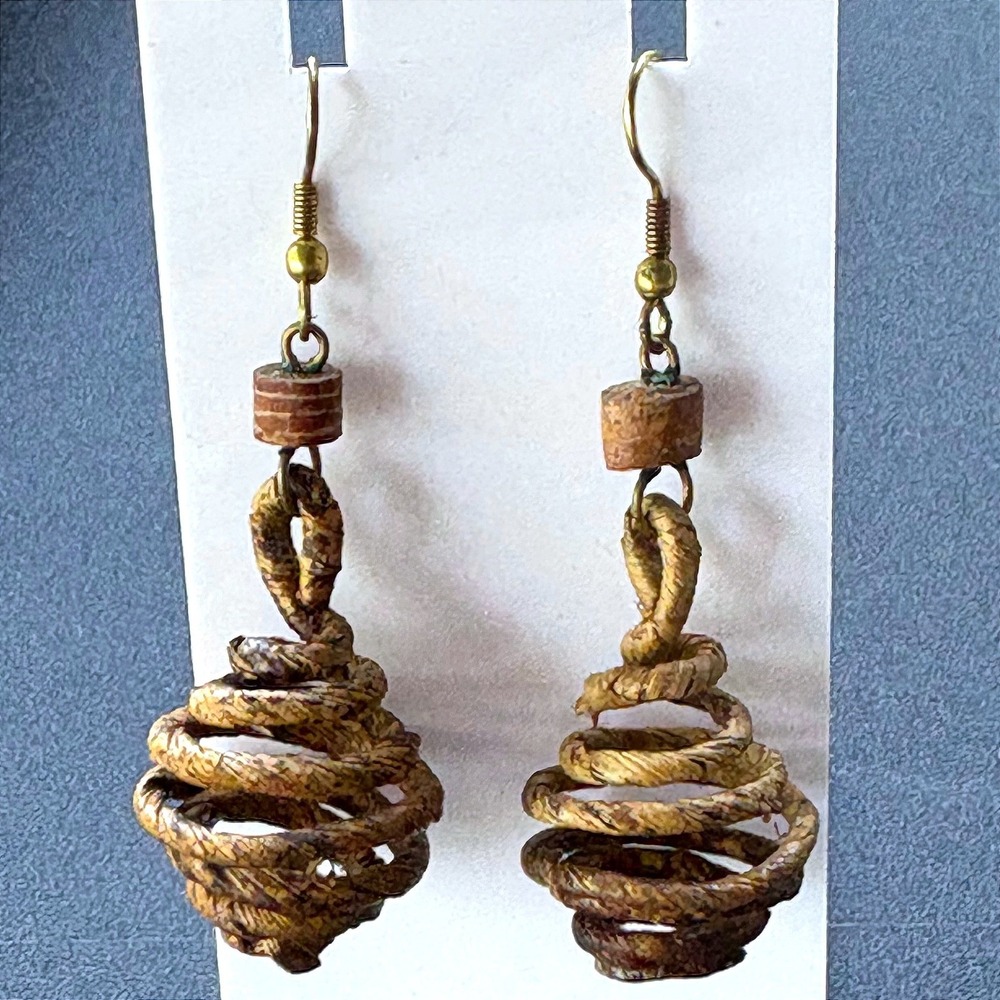 Handmade Woven Natural Fiber Spiral Beehive Drop Earrings Brown Boho Dangle